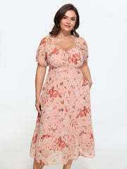 Soft Floral Print Shirred Waist Midi Dress