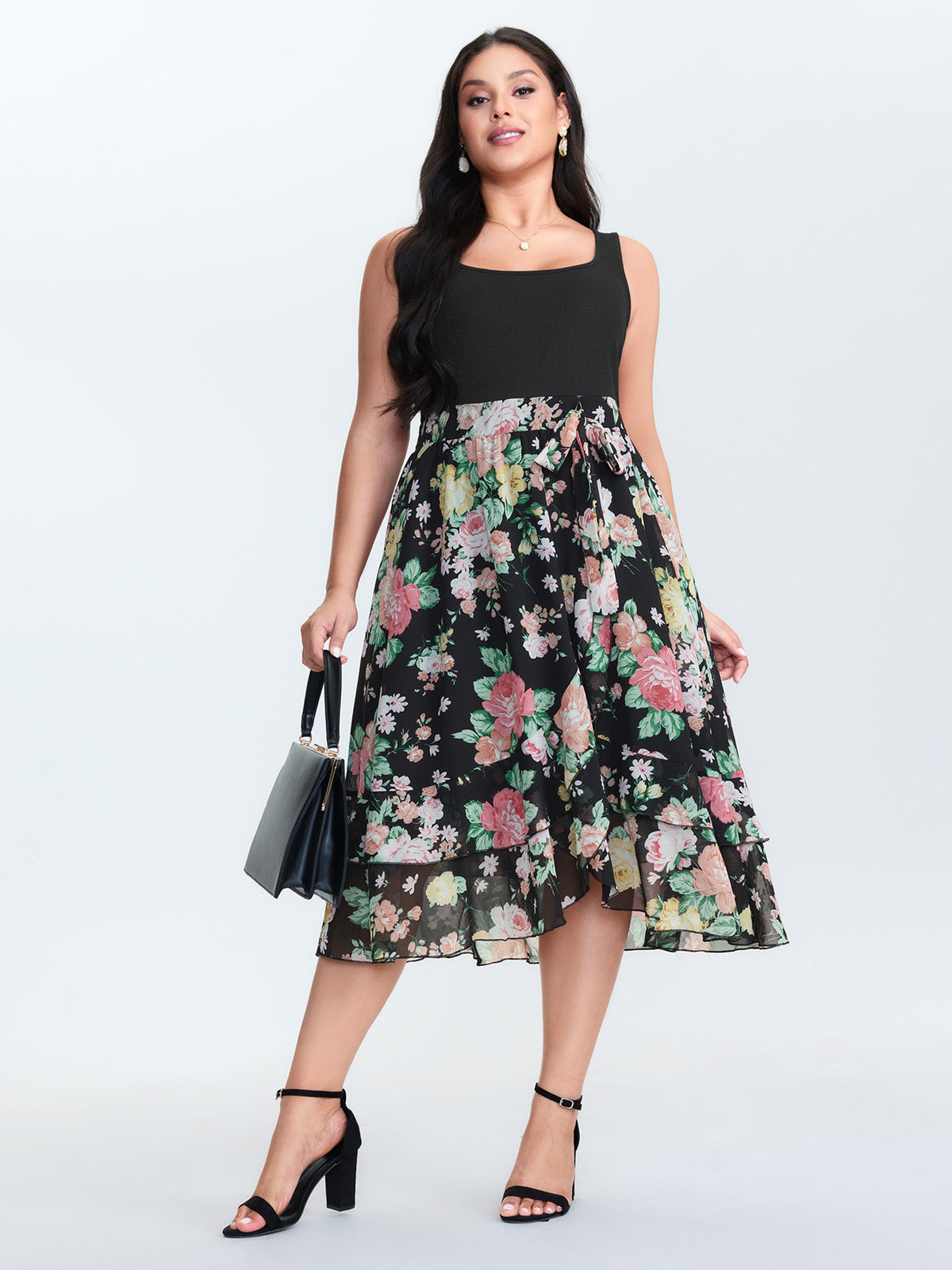 Chiffon Floral Pattern Layered Midi Dress