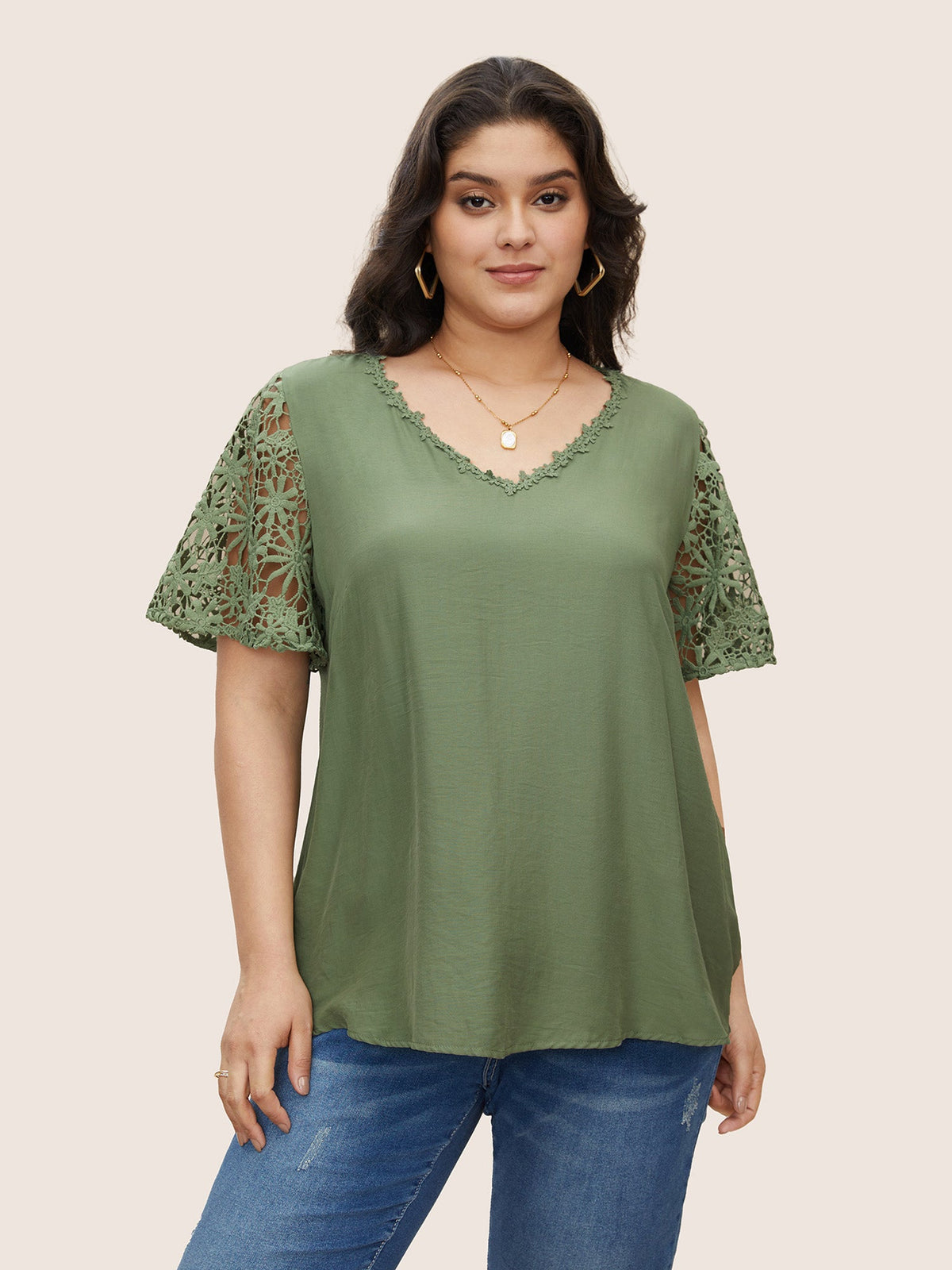Plain V Neck Floral Patchwork Blouse