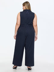 Striped Print Collared Sleeveless Jumpsuit