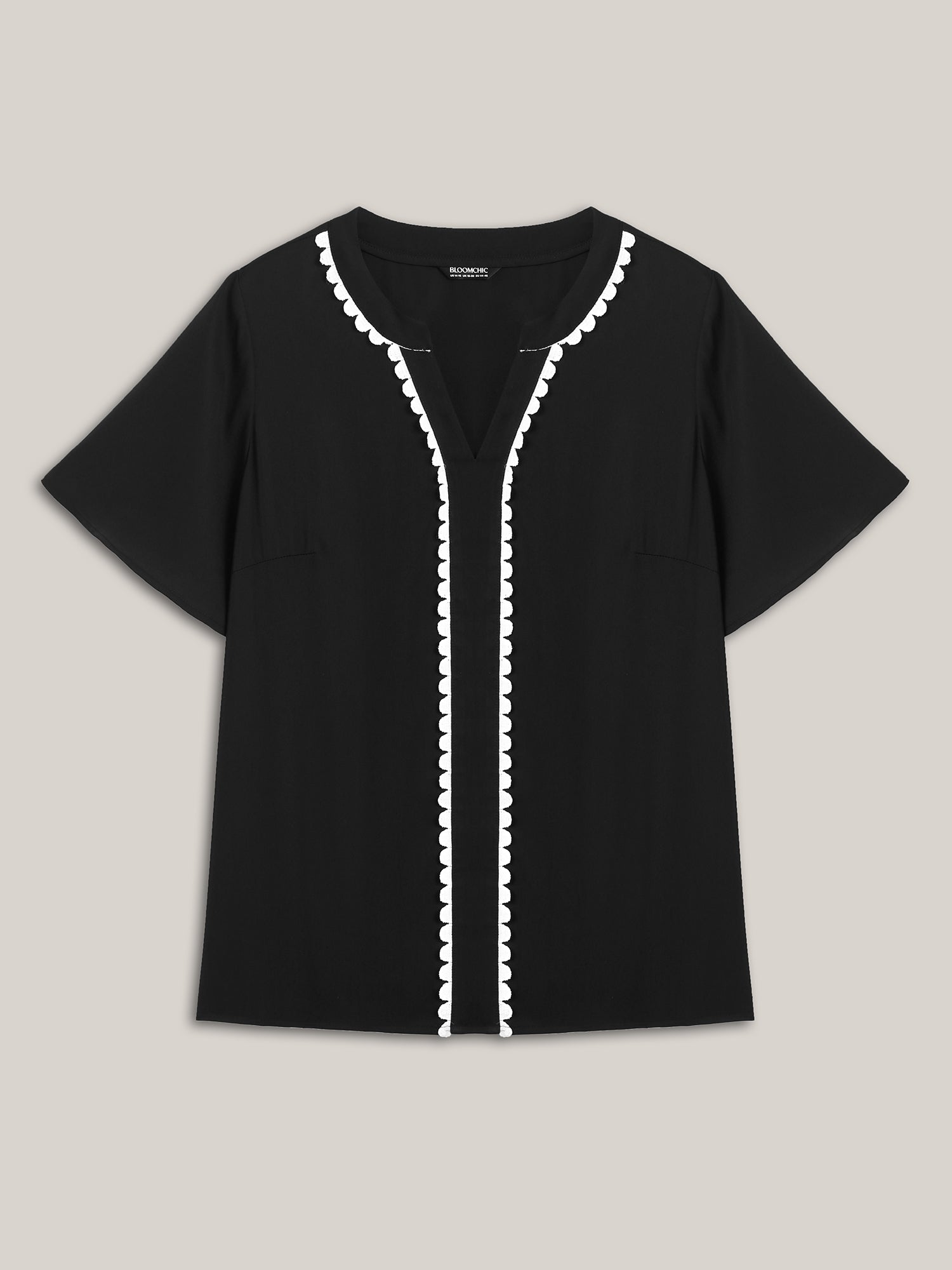 Lace Trim Notched Collar Solid Blouse