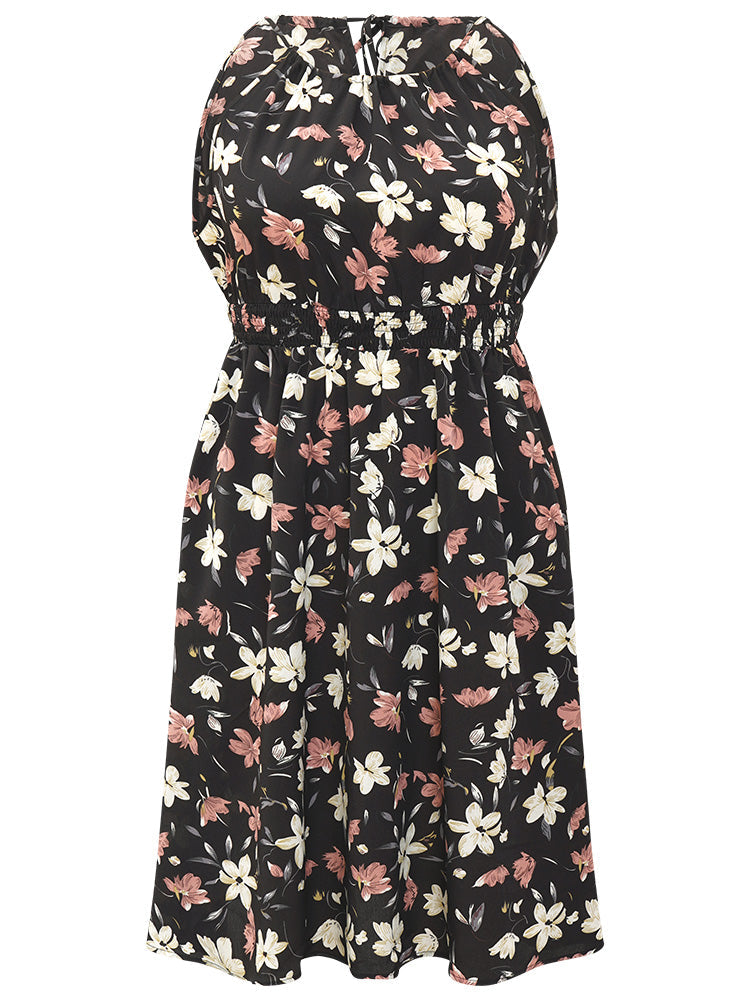 Floral Print Halter Shirred Pocket Ruffle Hem Dress