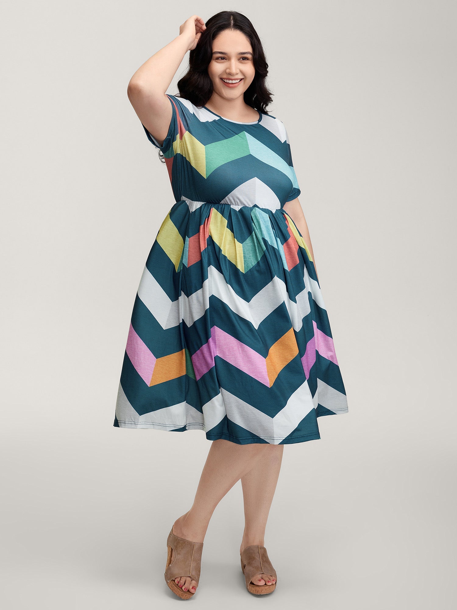 Colorful Wavy Stripes Cinched-Flared Midi Dress