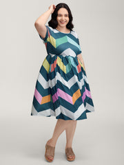 Colorful Wavy Stripes Cinched-Flared Midi Dress