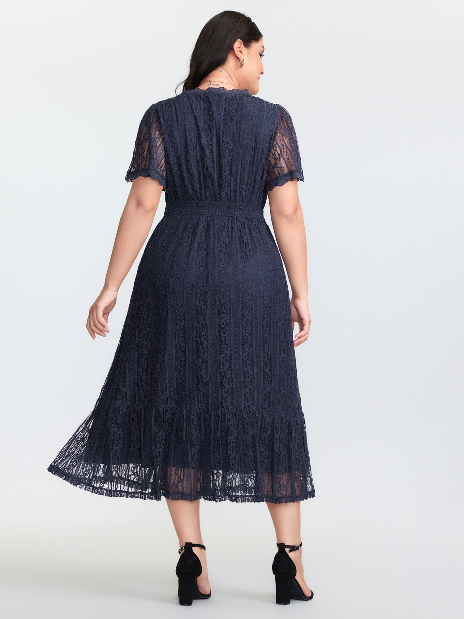 Sheer Lace Trim V-Neck Midi Dress
