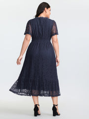 Sheer Lace Trim V-Neck Midi Dress