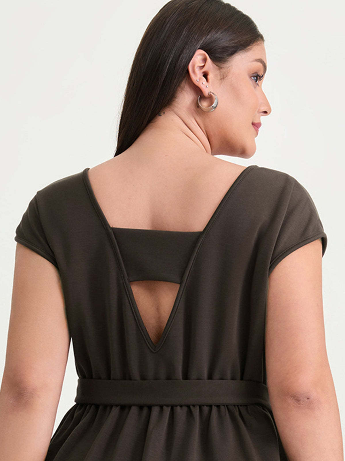 Backless Belted V-Neck Plain Midi Dress