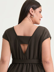 Backless Belted V-Neck Plain Midi Dress