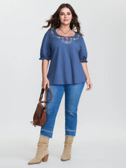 Colorful Floral Embroidered Neckline T-Shirt