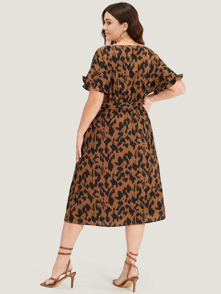 Brush Print Ruffles Wrap Belted Pocket Dress