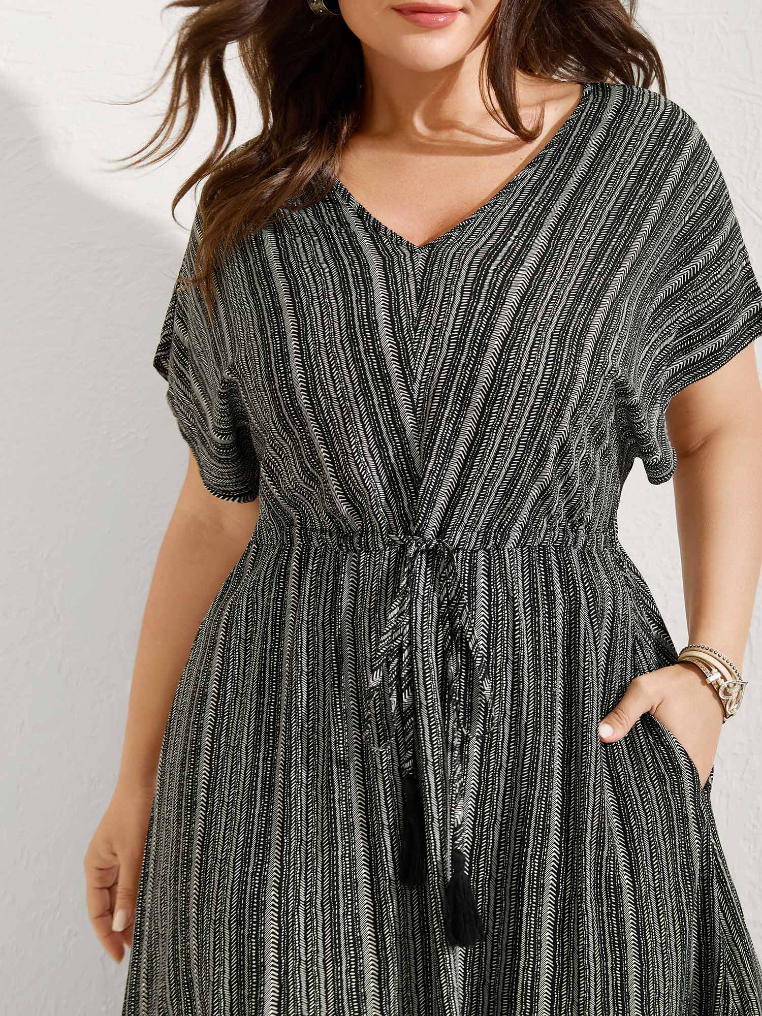 Striped Tassel Drawstring Tiered Midi Dress