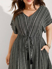 Striped Tassel Drawstring Tiered Midi Dress