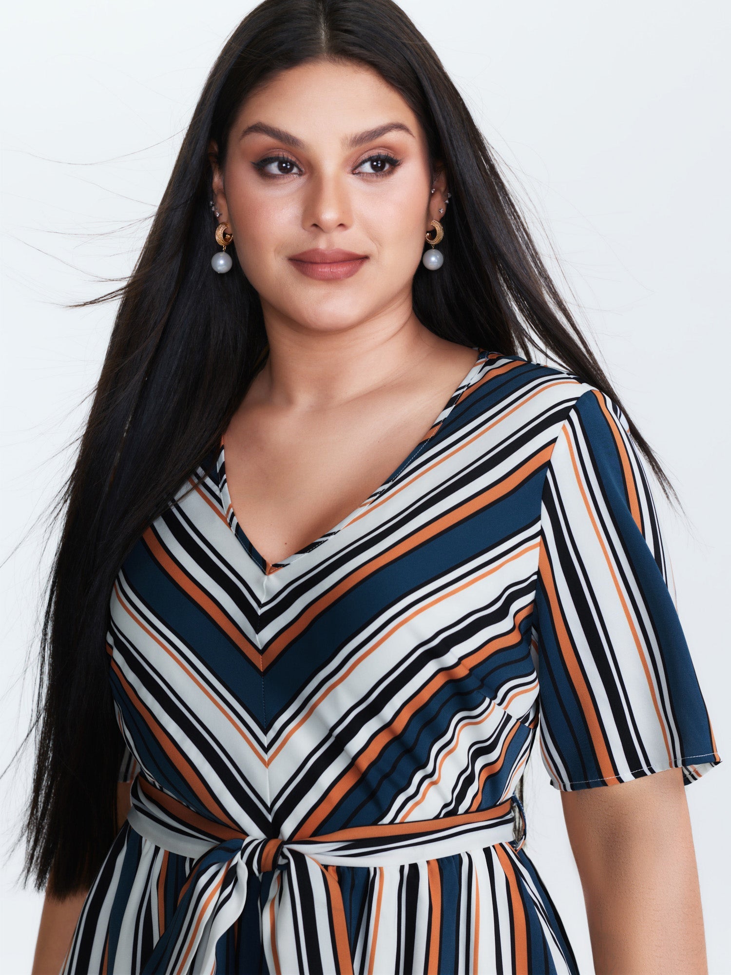 Striped Waist-Tie Pockets Midi Dress