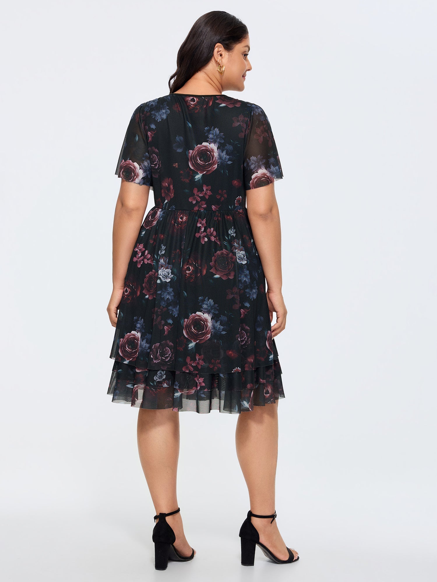 Stretchy Floral Mesh V-Neck Mini Dress