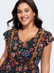 Vibrant Floral Print V-Neck Blouse