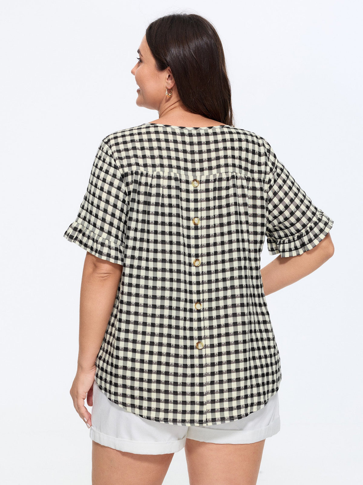 Gingham Print Ruffled Detail Arc Hem Blouse