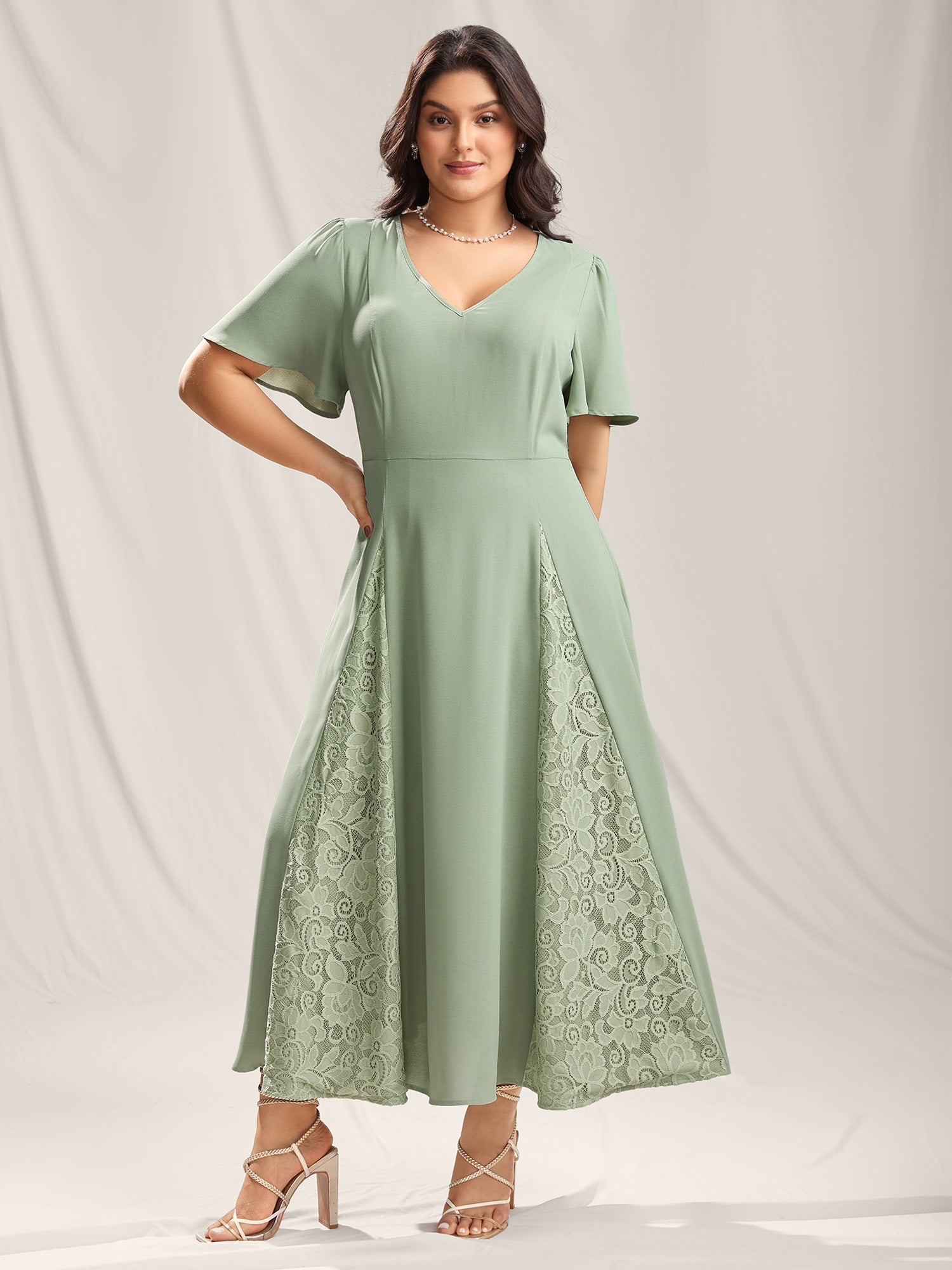 Lace Panel Cinched-Waist Maxi Dress