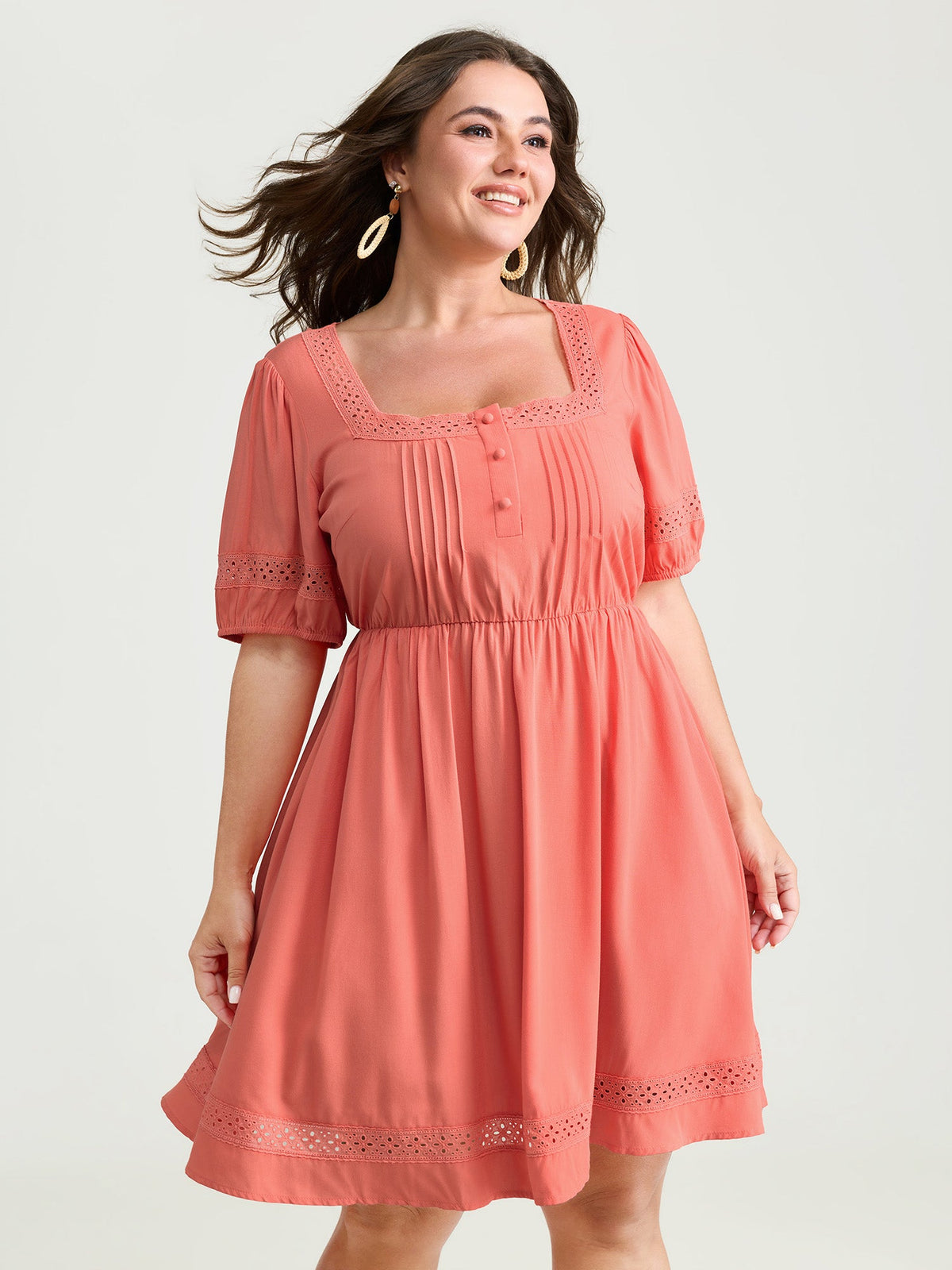 Lace Square Neckline Bubble Sleeve Mini Dress