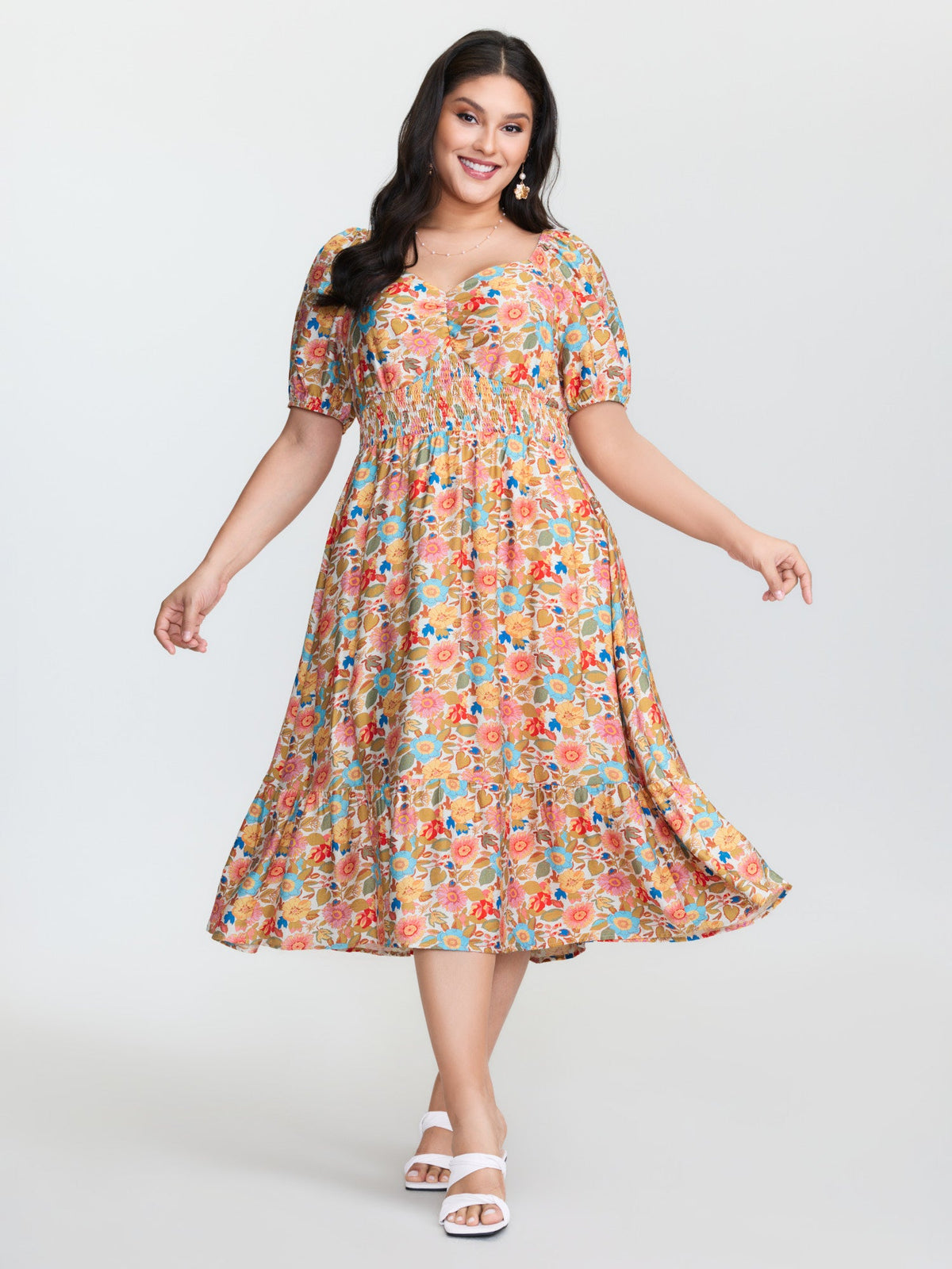 Floral Print Sweetheart Neckline Midi Dress