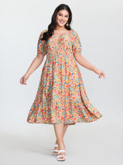 Floral Print Sweetheart Neckline Midi Dress