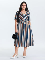 Striped Waist-Tie Pockets Midi Dress