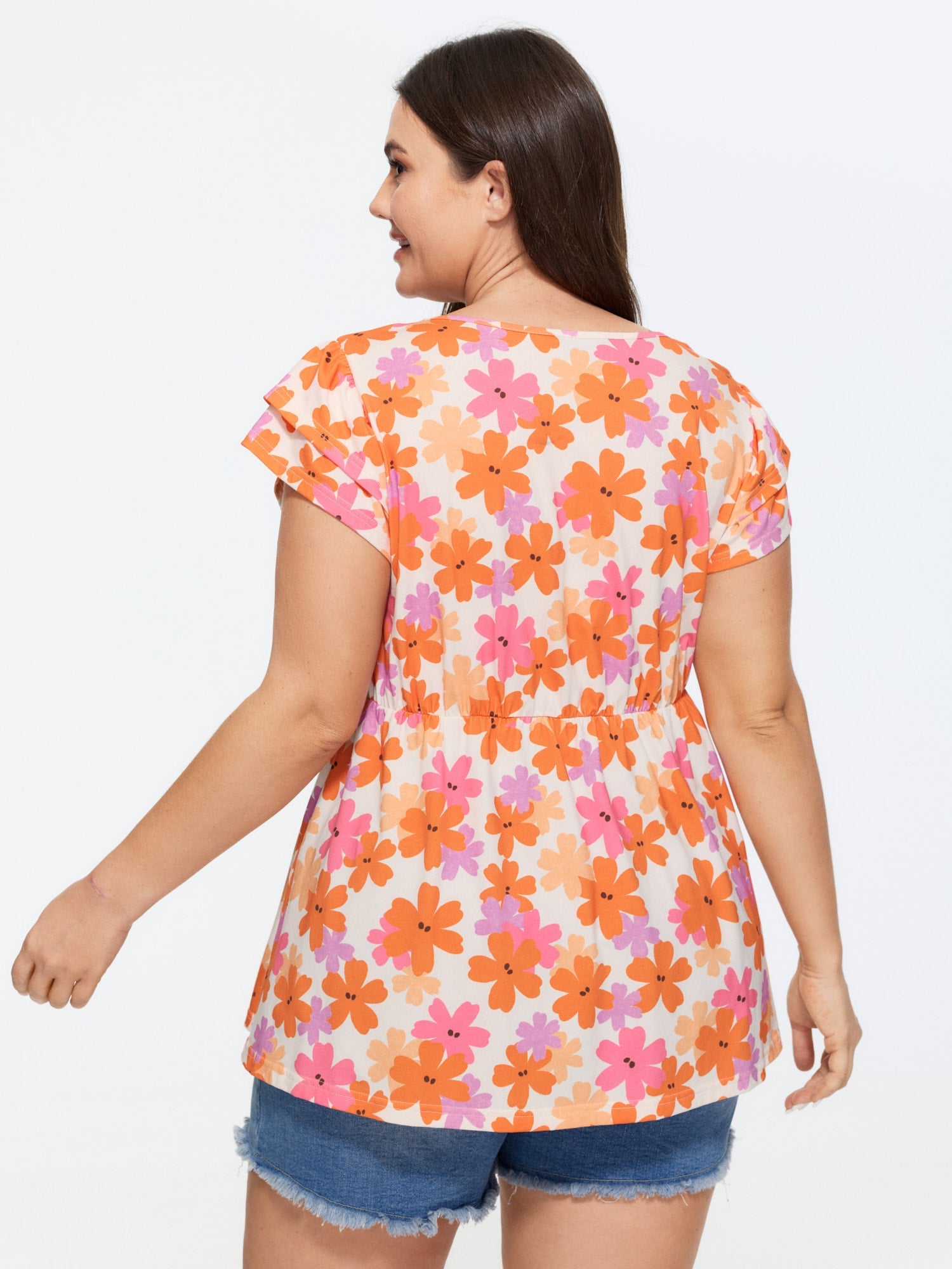 Stretchy Floral Print Ruffled Sleeve Knit Top