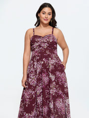 Elegant Floral Print Shirred Cami Maxi Dress