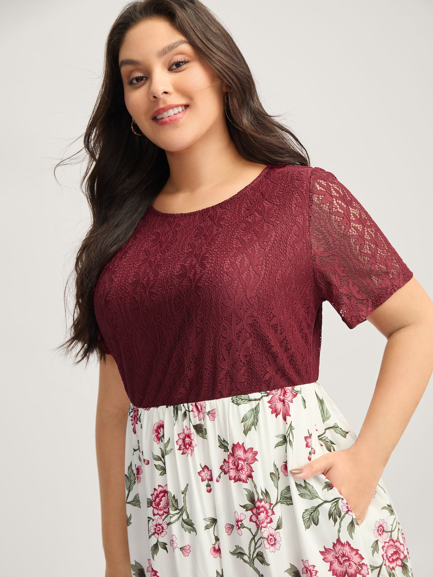 Floral Lace Stretchy Waist Contrast Midi Dress