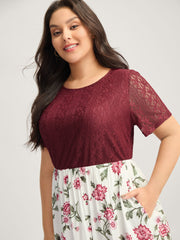 Floral Lace Stretchy Waist Contrast Midi Dress