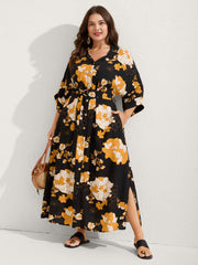 Large Flower Print Button Slit Maxi Dress