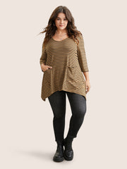 Striped Pocket Asymmetrical Split Hem Tunic T-shirt