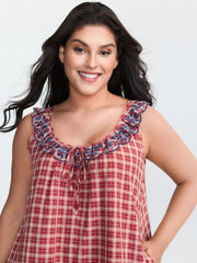 Gingham Print Embroidered Neckline Flowy Nightgown
