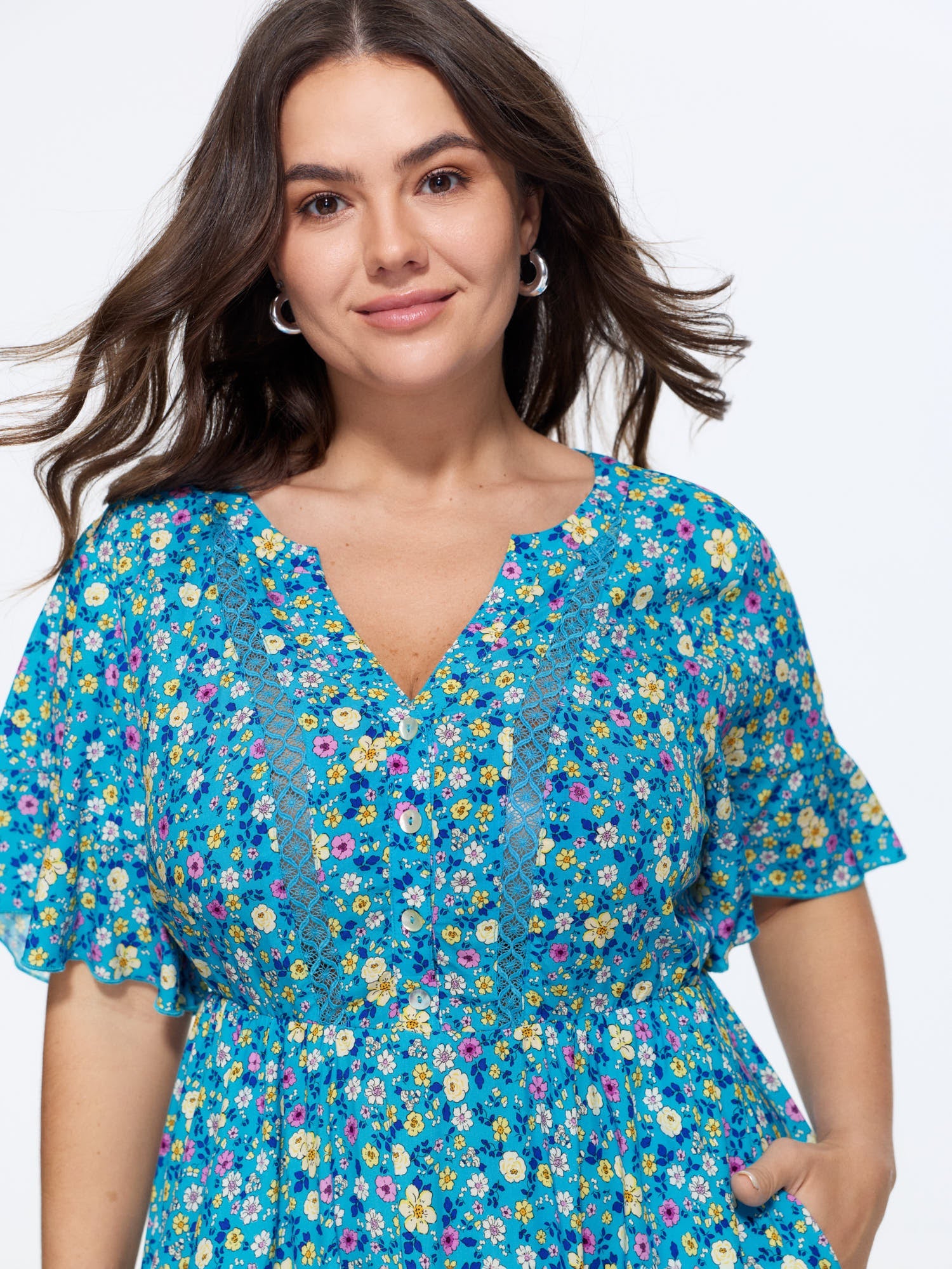 Supersoft Floral Print Lace Trim Midi Dress