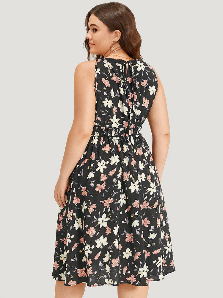 Floral Print Halter Shirred Pocket Ruffle Hem Dress