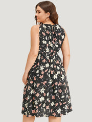 Floral Print Halter Shirred Pocket Ruffle Hem Dress