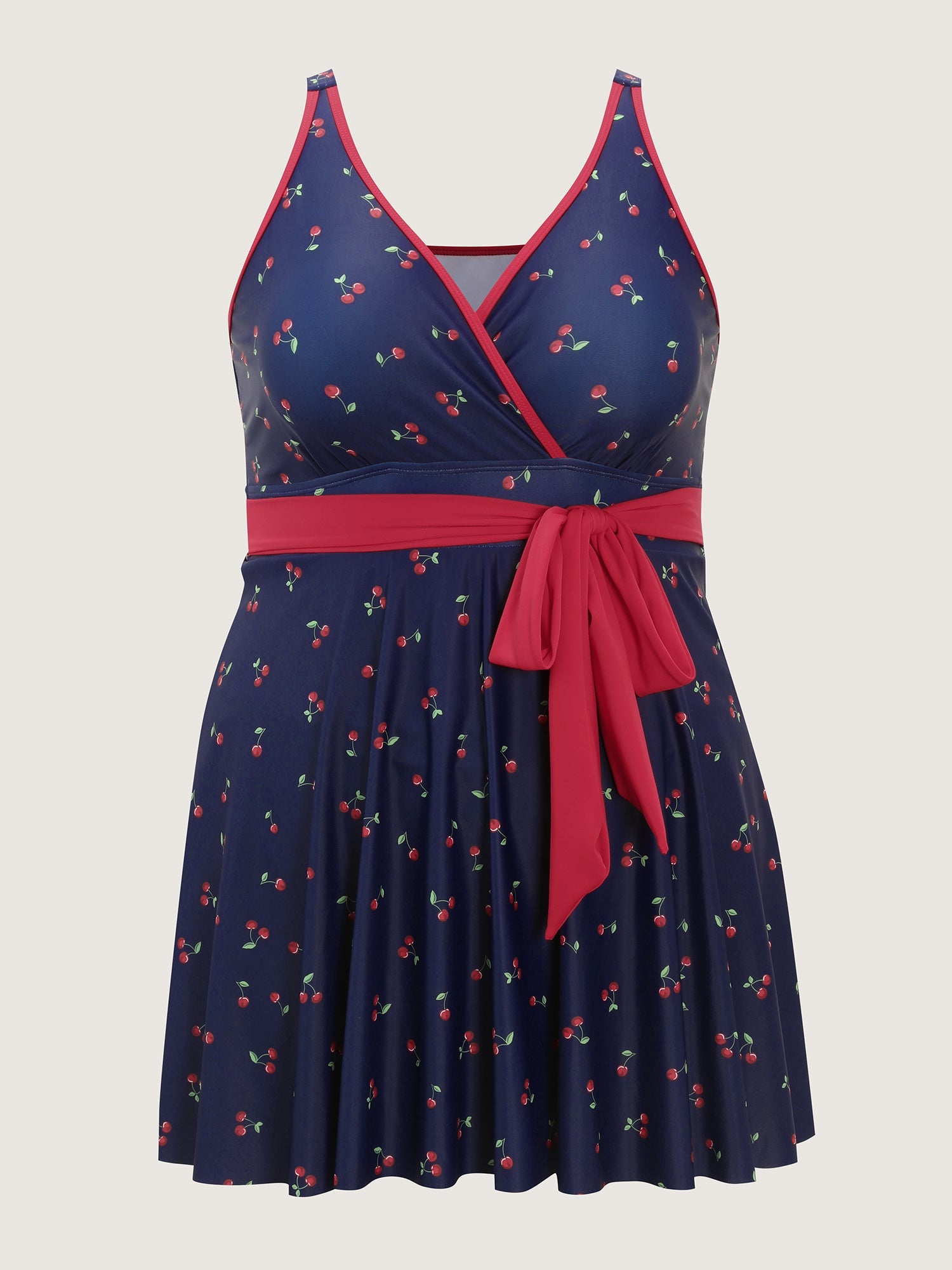 Cherry Print Belted Color Contrast Swim Dress