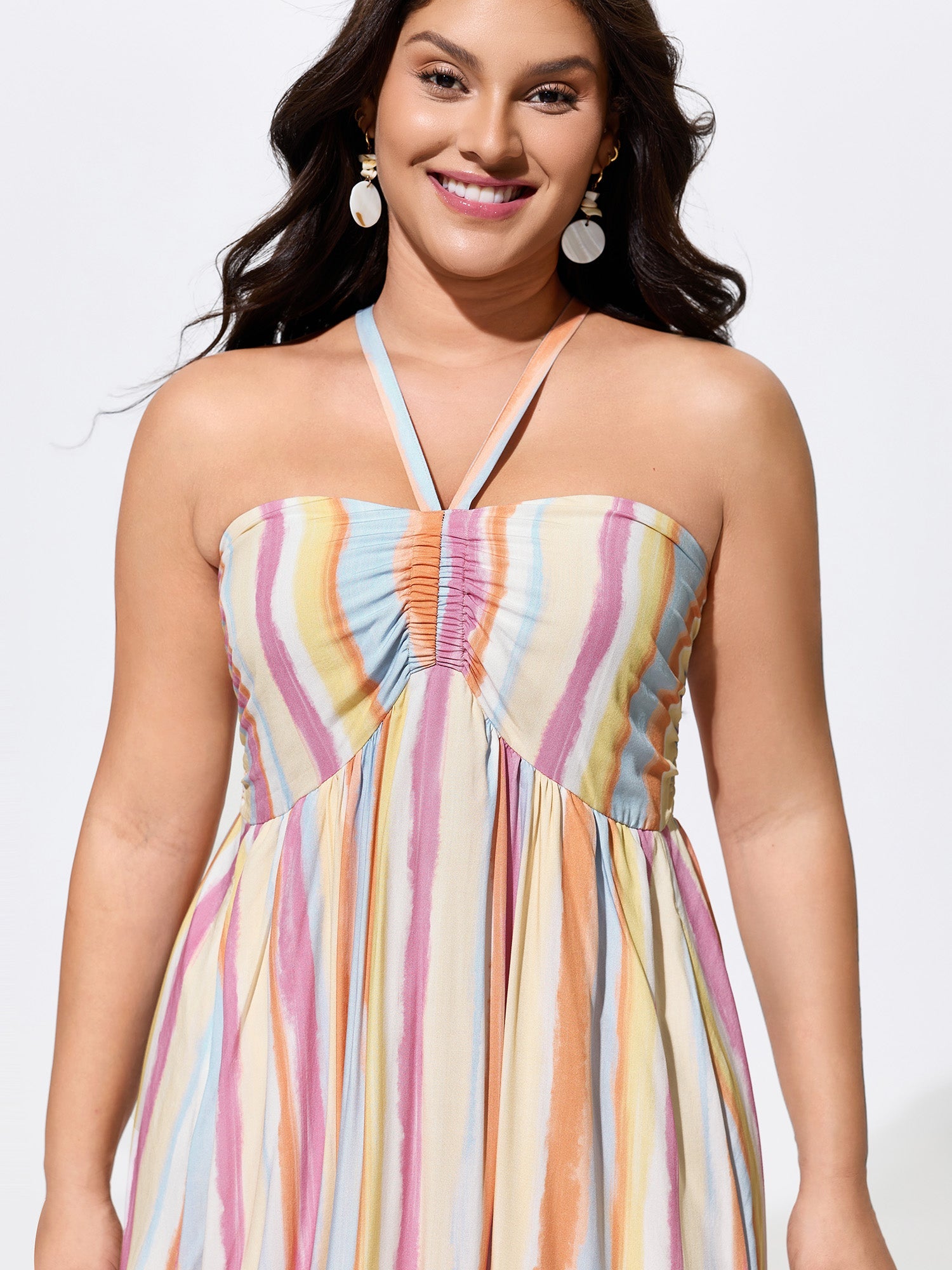 Colorful Striped Print Shirred Pockets Maxi Dress