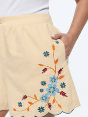 Cotton Colorful Floral Embroidered Pockets Shorts