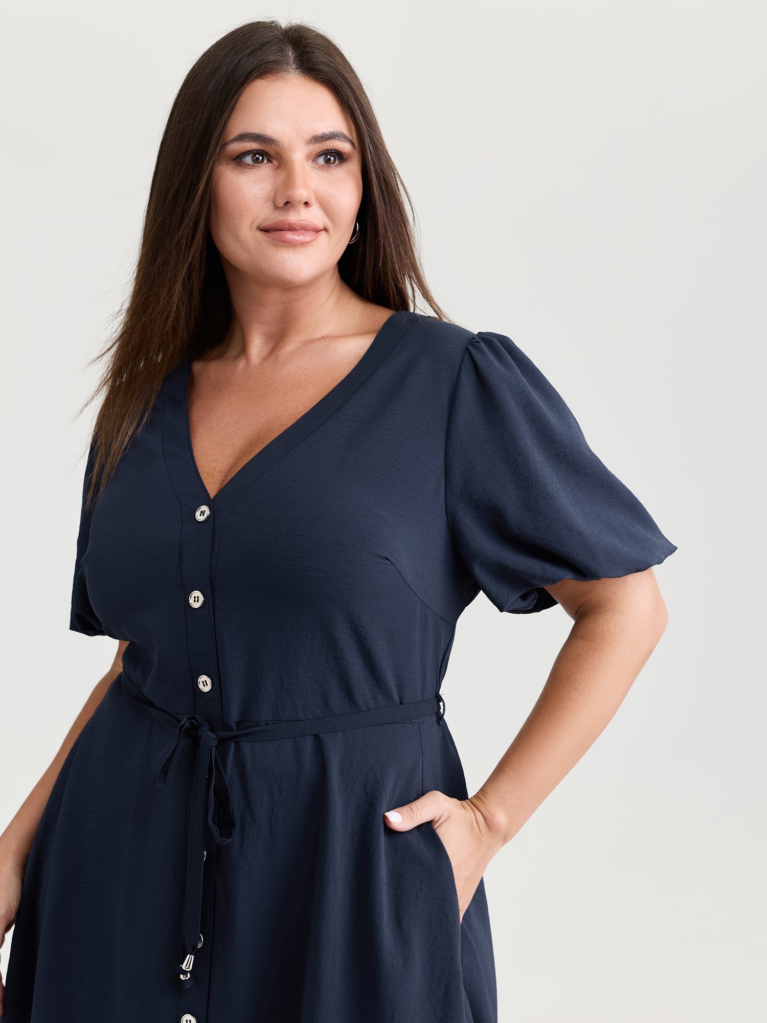 Bubble Sleeve Button Detail Flowy Midi Dress