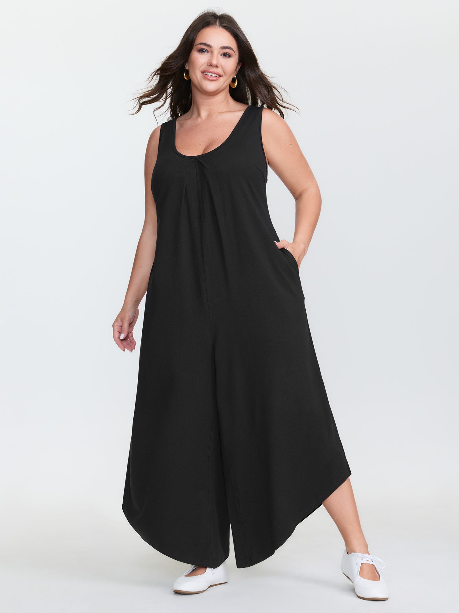 Cotton Stretchy V-Neck Pocket Jumpsuit