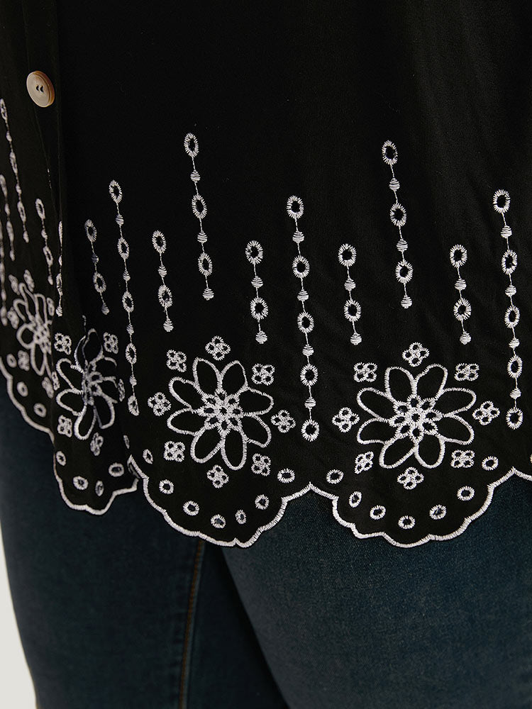 Embroidered Button Detail Scalloped Trim T-shirt