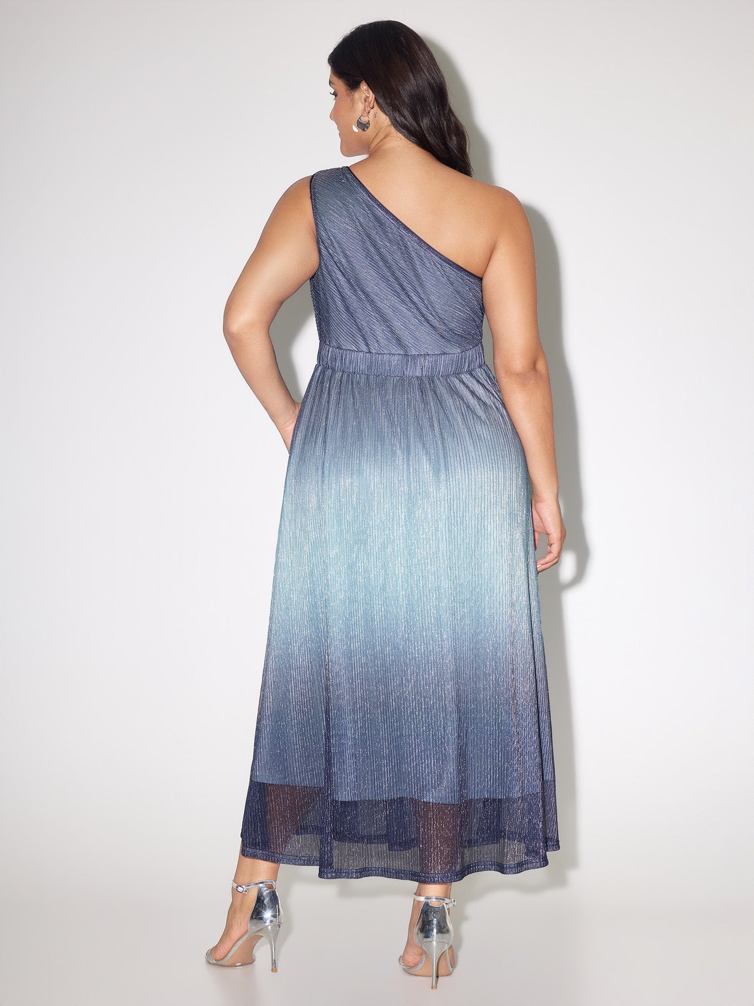 One-Shoulder Ombre Shimmer Mesh Midi Dress