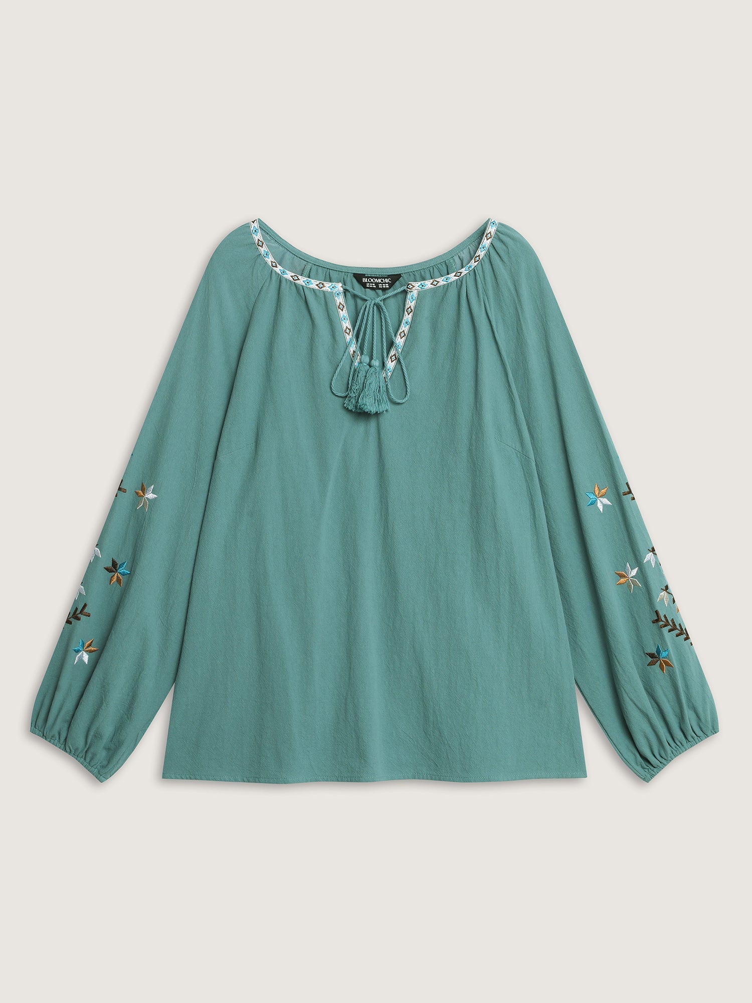 Cotton Floral Embroidered Sleeve Neckline Tie Blouse