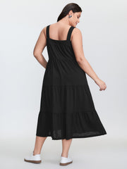 Pleated Wide-Straps Plain Midi Dress