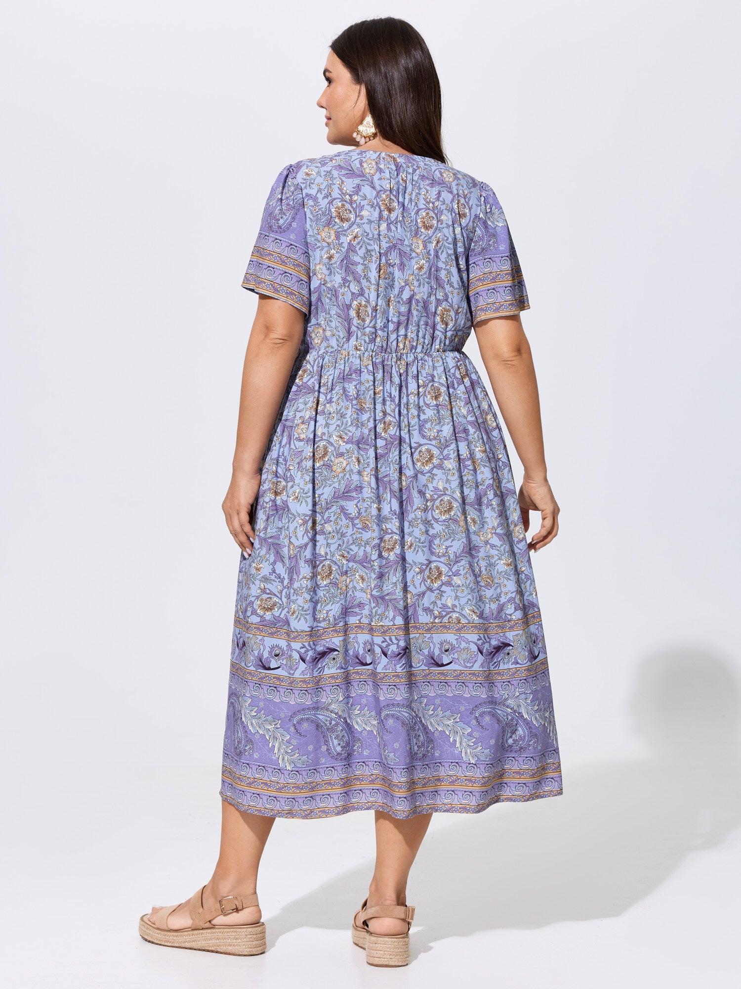 Floral Print Tassels Drawstring Neckline Midi Dress