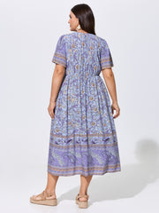 Floral Print Tassels Drawstring Neckline Midi Dress