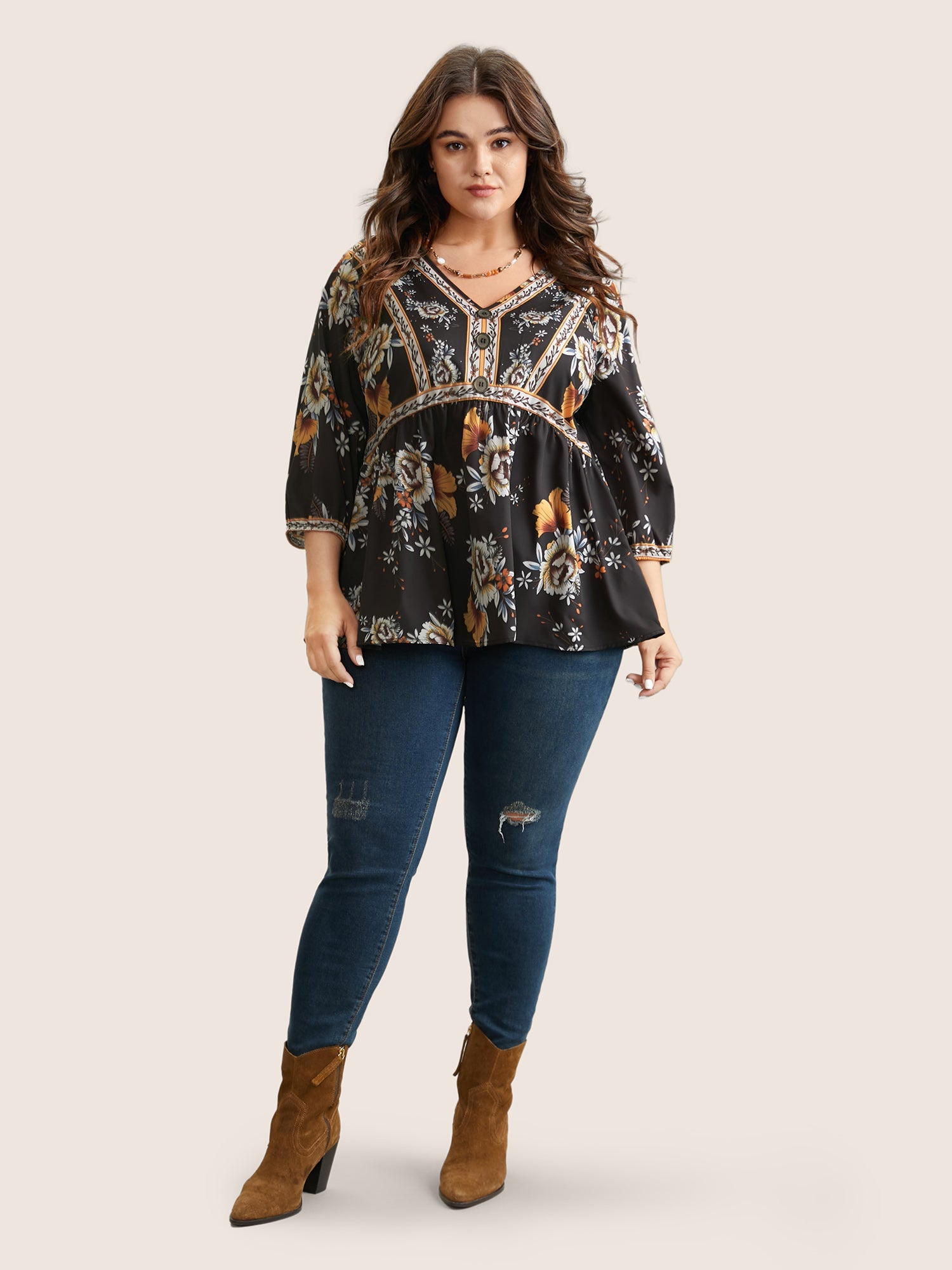 Boho Print V Neck Button Detail Gathered Blouse