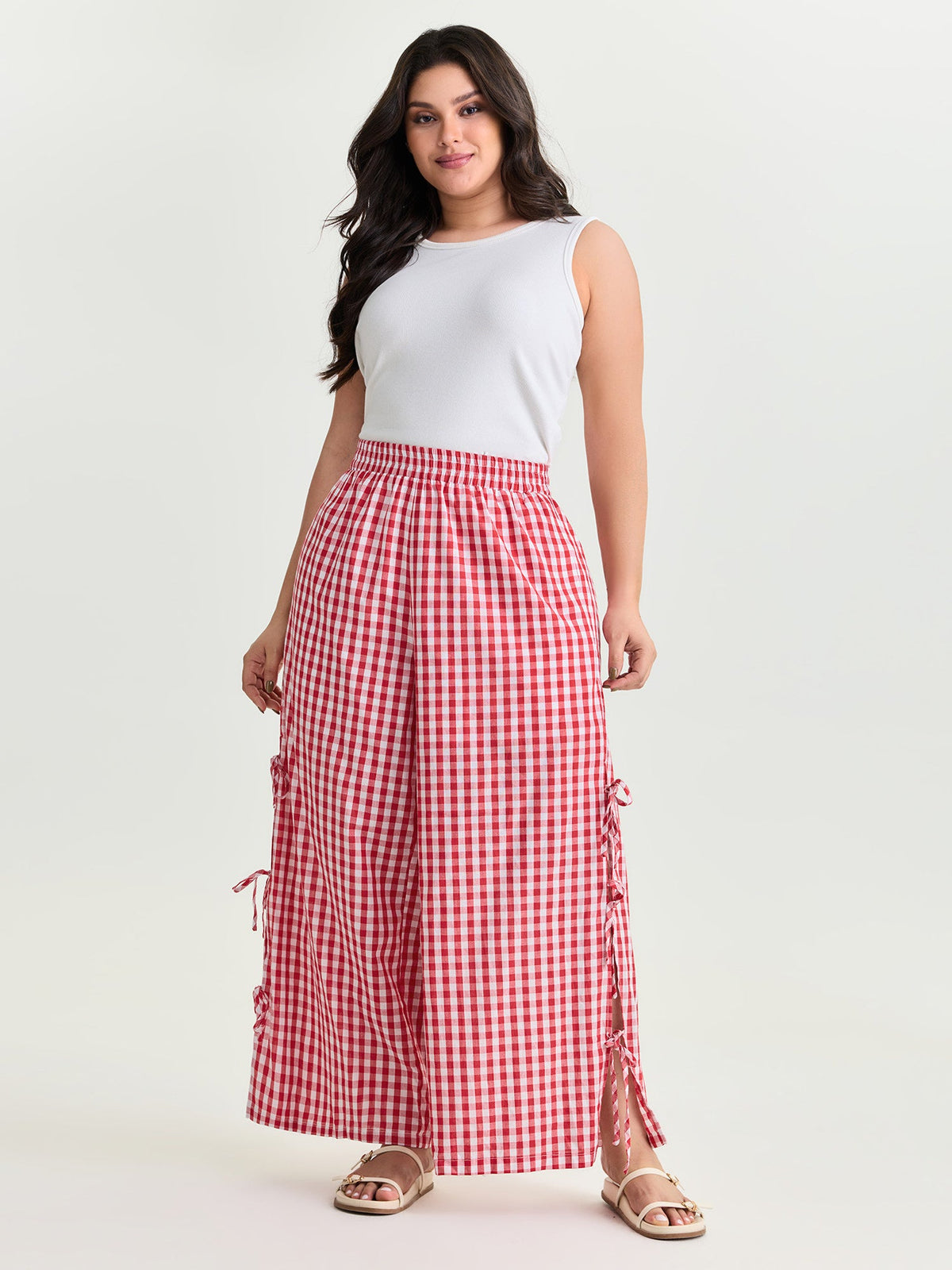 Cotton Gingham Print Side-Tie Pants
