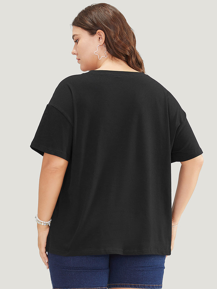 Floral & Slogan Print Slightly Stretchy Casual T-shirt