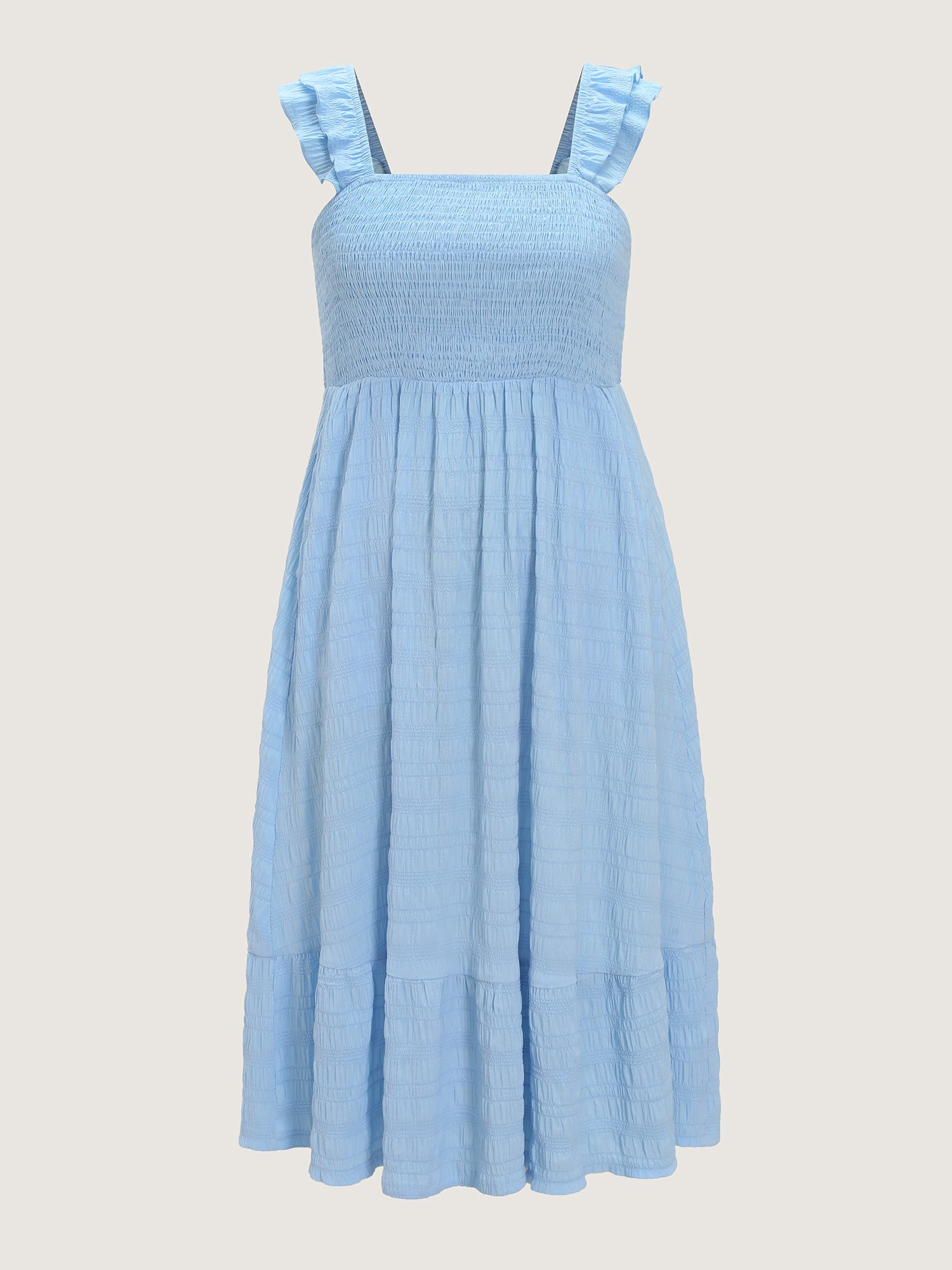 Shirred Bodice Ruffled Straps Flowy Midi Dress